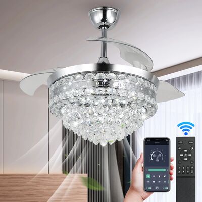 Led Light Retractable Chandelier Invisible Blade Dimmable Crystal Timing Fan lamp(WH-CLL-61)