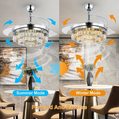 Led Light Retractable Chandelier Invisible Blade Dimmable Crystal Timing Fan lamp(WH-CLL-61)