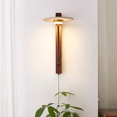 Wabi-Sabi Retro Bedside Lamp French Yellow Travertine Switching Wooden Stone Wall Lamp(WH-VR-157)