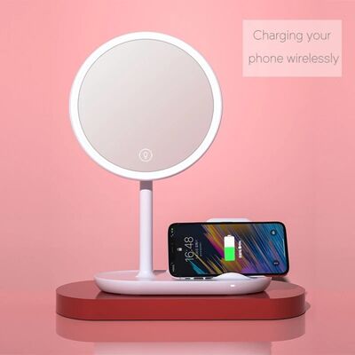USB Rechargeable Vanity Mirror with Wireless Charger Portable 3 Colors LED Lights Makeup Mirror with lamp(WH-MR-99)