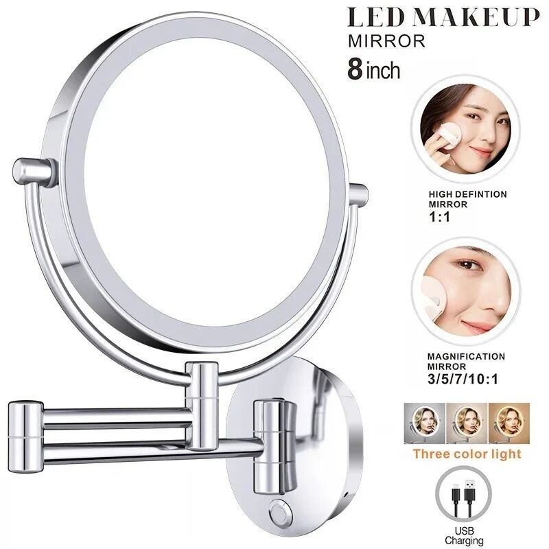 8 Inch Chrome 10x Magnifying Double Side USB Charging Bathroom 3 Color Makeup Mirror lamp(WH-MR-82)