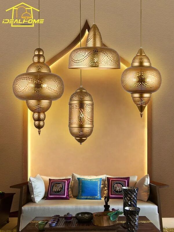 Saudi Arabia Design Luxury Gold Lustre Pendant Lights LED E27 Hollow Carving Southeast Asia Hanging Lamp (WH-DC-69)