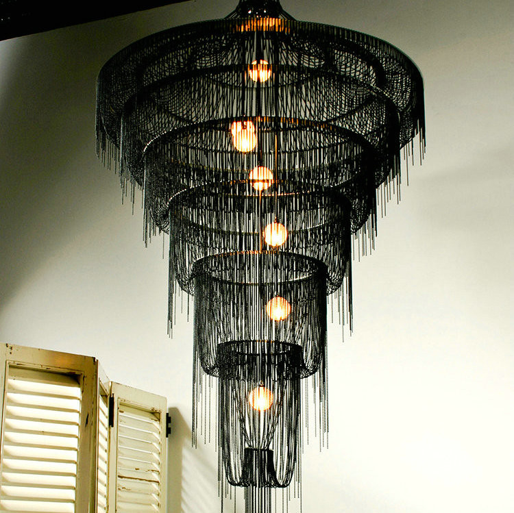 Handmade waterfall led chandelier aluminum chain tassel Black ceiling lamp fixtures(WH-CC-32)